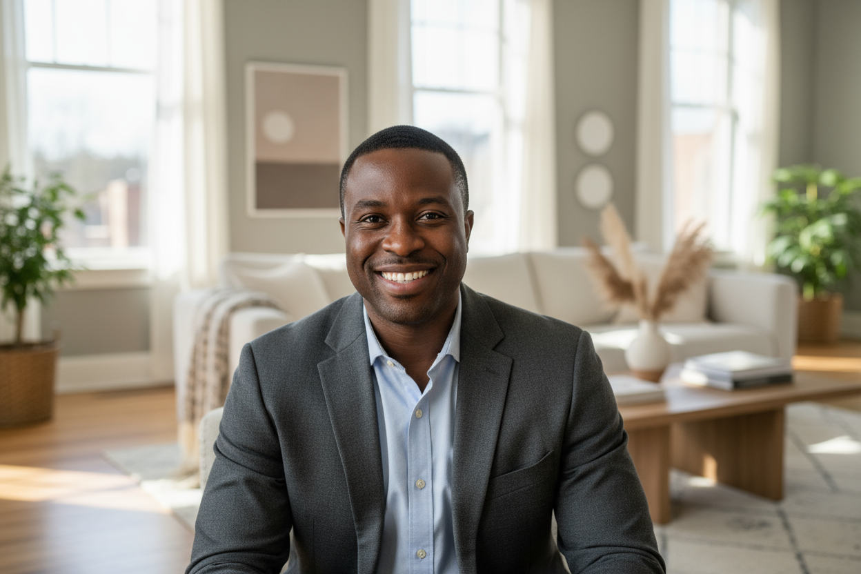 Create a picture of a black guy with a room background smiling