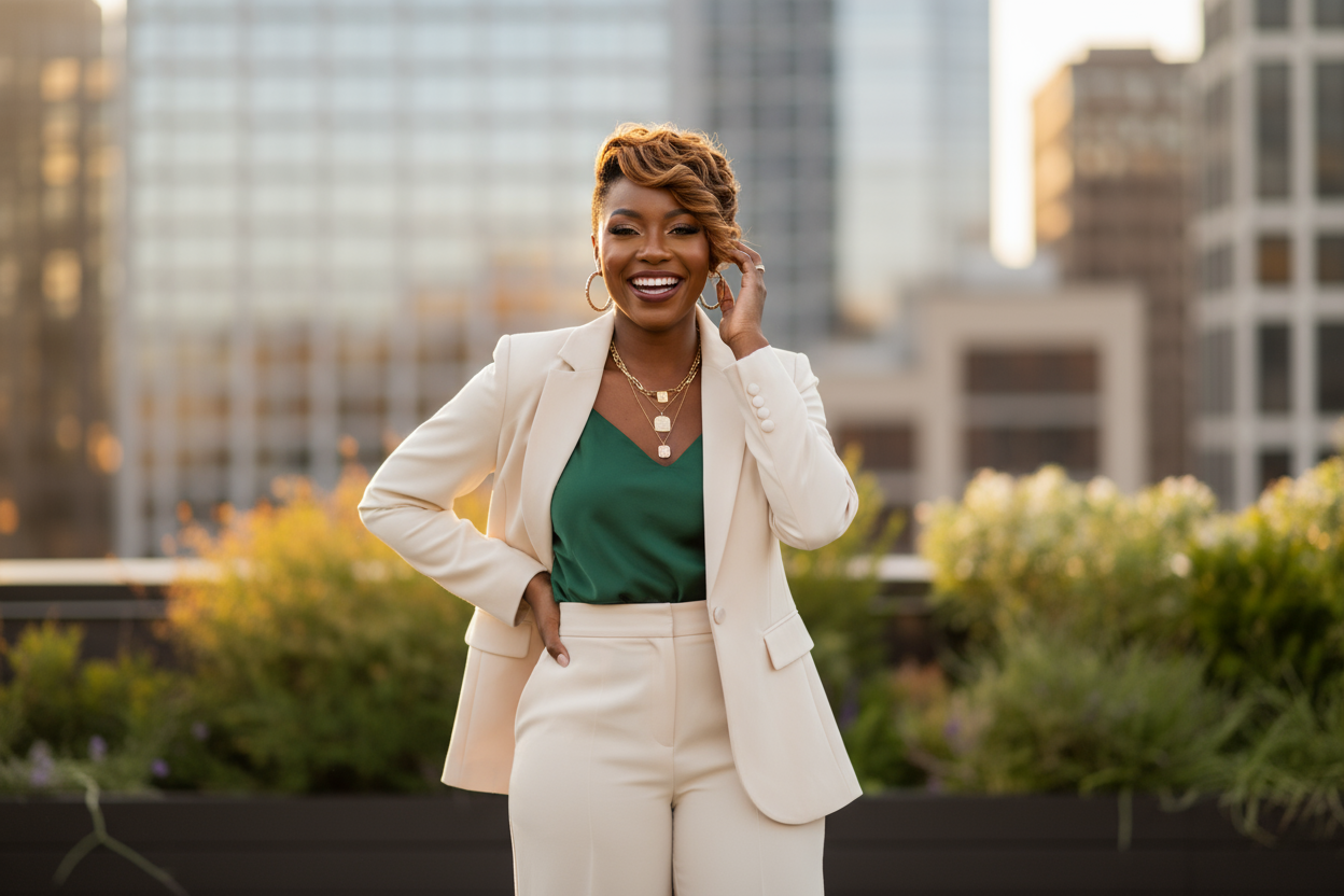 Generate a picture of a black baddie women smiling and posing